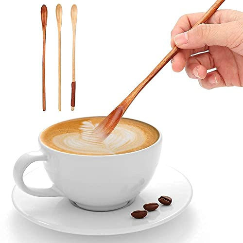 Lot de 3 cuillères à café, petites cuillères en bois avec manche long pour cuillère à mélanger cuillère à dessert milkshake cuillères à cocktail, 20cm
