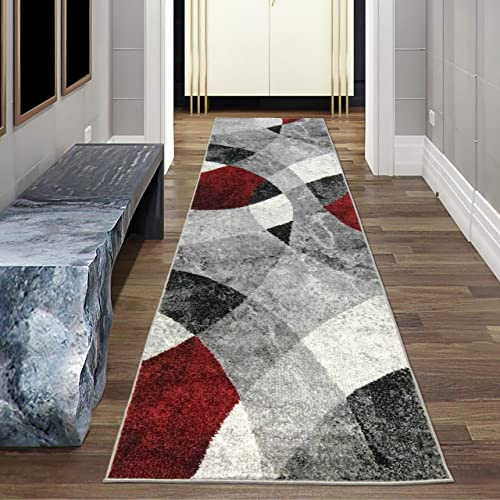 Moderner Wohnzimmer Teppich abstraktes Wellen Rauten Design marmoriert in rot grau - pflegeleicht Größe 80 x 300 cm