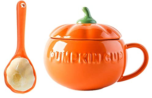DOITOOL Tazón de calabaza de Halloween con tapa y cuchara de cerámica en forma de calabaza tazón de azúcar para la cocina del hogar para sopa arroz fruta postre