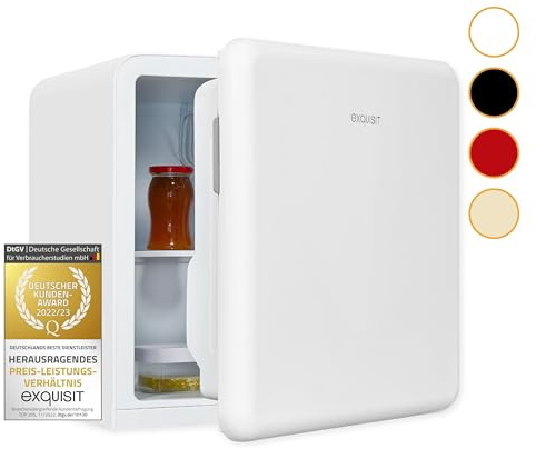 Exquisit Mini Kühlschrank CKB45-0-031F Weiß - 47 L Kühlbox - Retro Style | Kleiner Hotelkühlschrank ohne Gefrierfach, ideal für Büro und Camping, kompakter Minikühlschrank mit wechselbarem Türanschlag