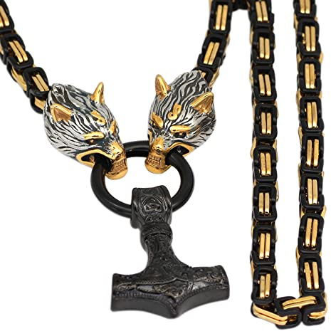 Qiaonitu Men Stainless Steel Viking Wolf Head Norse Amulet Thor Hammer Pendant Necklace Black Gold Byzantine Viking King Chain Jewelry (50cm, Black) (QNT005)