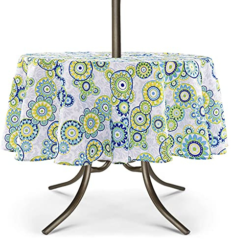 UMINEUX Outdoor Tablecloth with Umbrella Hole and Zipper, Spring/Summer Waterproof Table Cover for Picnic/BBQ/Garden(60 Round,Blue&Green)