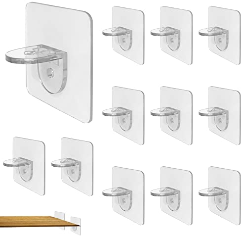 12 Piezas Soporte Balda Autoadhesivas, Soporte de Estante Sin Perforaciones, Estanteria de ángulo Recto Clavijas, Clavijas adhesivas transparentes Soportes para Armarios, Zapateros, Gabinetes