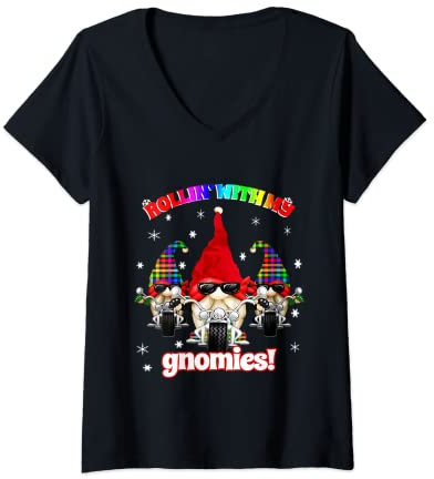 Womens LGBTQ Pride Biker Christmas Garden Gnome Rainbow Plaid V-Neck T-Shirt