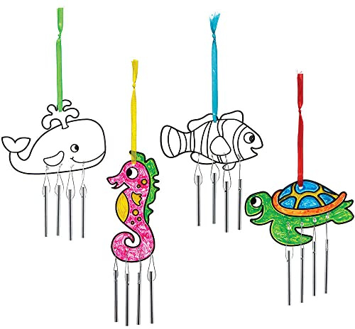 Baker Ross FC766 Meeresleben Windspiel Sonnenfänger - 4er Pack, Musikalisches Windspiel mit Metalglocken Bastelset für Kinder zum Anmalen und Dekorieren