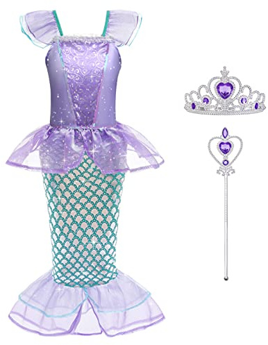 ACWOO Små flickor Sjöjungfrukostym, Prinsess Sjöjungfrukostym Set med tillbehör, Sjöjungfru Fancy Dress Up Prinsessan Ariel Sjöjungfru Glitter Flickdräkt för Halloween Cosplay Carnival Födelsedag (150cm)