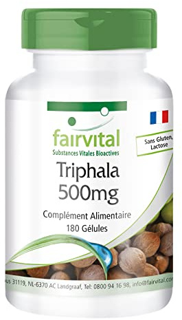 fairvital Triphala 500 mg, 180 vegane Kapseln, Ayurvedische Dreifrucht, Amalaki, Haritaki, Bibhitaki, Qualitätsgeprüft und hochdosiert, Made in Germany