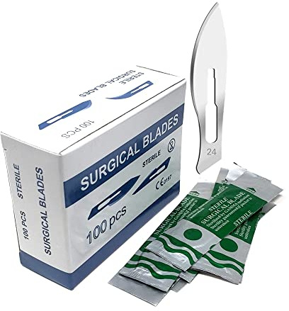 HIGH TECH INSTRUMENTS Box of 100 Scalpel Sterile Blades Carbon Steel Individually Foil Wrapped (Blade #24)