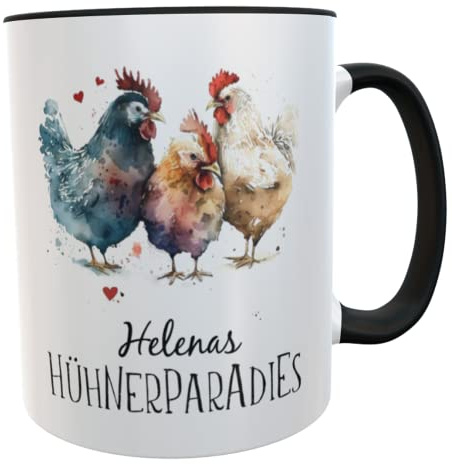 Kilala Hühner Kaffeebecher mit Namen Hühnerbecher aquarell Geschenk für Hühnerhof-Fans Mädchen Frauen Kinder (Hühnerparadies schwarz)