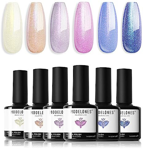 modelones 6 Colors Pearl Gel Nail Polish Set in White Pink Peach Purple Blue Violet, Holographic Finishes - Long-lasting Glitter Shimmer Gel Polish