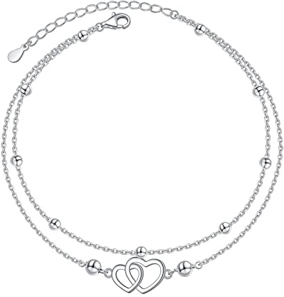 HOOHWE Fußkettchen für Damen 925 Sterling Silber Infinity Herz fußkette für Frauen Klassische Verstellbar Bead Fussketten Armbänder Sommer Schmuck für Frauen und Mädchen Layered Ankle Bracelet
