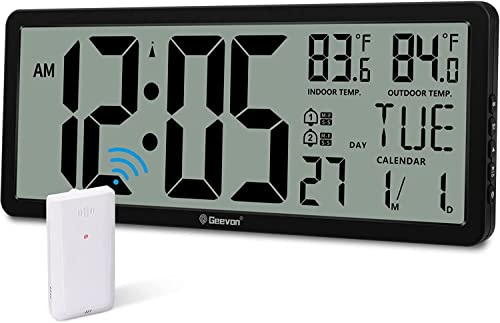 Geevon Atomic Clock,14.3Large Digital Wall Clock Battery Operated with Dual Alarm Clock, Indoor Outdoor Temperature, 4.4Jumbo Digits, Day and Date for Home Bedroom Office Elderly(1 Outdoor Sensor)