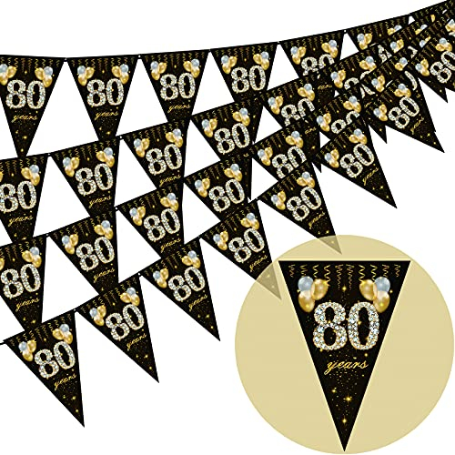 80 banderines de cumpleaños, banderines felices, 40 piezas triángulo oro negro brillo diamante por números 80 cumpleaños aniversario tema fiesta decoración suministros