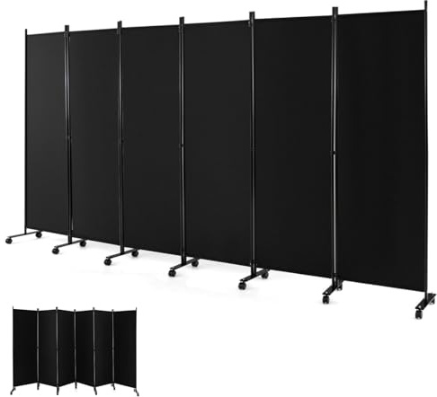 GOPLUS Biombo Separador de Ambientes de 6 Paneles con 14 Ruedas Bloqueables, Biombo Plegable de Tela con Marco de Metal para Privacidad, Divisor para Salón Dormitorio Oficina (Negro)