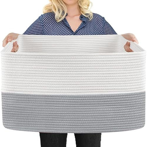MEGASKET Extra Large Rectangular Woven Cotton Rope Laundry Hamper with Handles Wicker Laundry Basket for Blankets, Clothes, Toys, Grey, 60 x 40 x 35.8cm