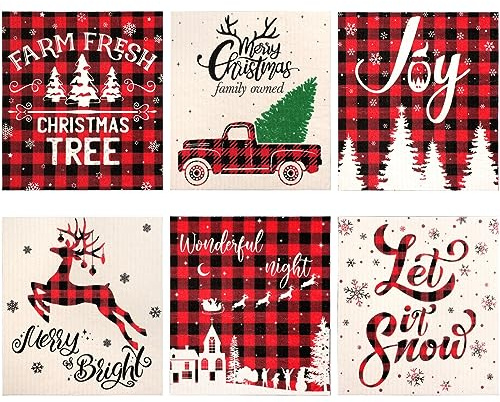 6 Pcs Christmas Swedish Kitchen Dishcloths Red Buffalo Plaid Xmas Tree Snowflake Reindeer Kitchen Dish Towel Reusable Fast Dry Kitchen Dishcloth for Christmas Baking Cooking, 6.9 x 7.5 Inch
