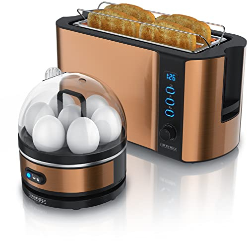 Set Ensembles grille-pain FRUKOST et cuiseur à oeufs SEVENCOOK Inox cuivre grille-pain 4 tranches écran LED 6 degrés de brunissage support viennoiserie Cuiseur à oeufs 1-7 oeufs verre doseur