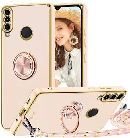 TVVTPU Handyband für Huawei P30 Lite Hülle mit Band, Herz Muster Handyhülle mit Ring Ständer Stoßfeste Kratzfest TPU Bumper Outdoor Schutzhülle Case mit Kordel zum Umhängen (Abnehmbar), Rosa