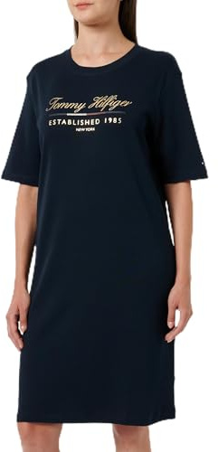 Tommy Hilfiger Donna Abito a T-Shirt Script Graphic Dress Maniche Corte, Blu (Desert Sky), XXS