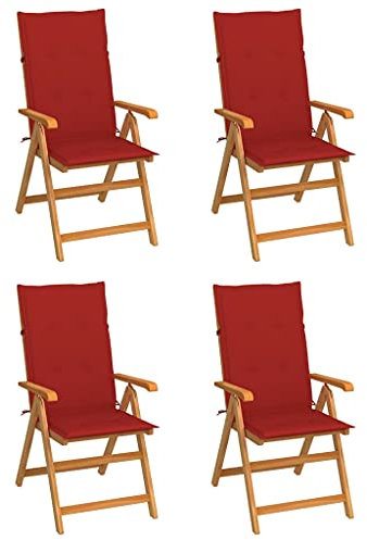 Youuihom Freizeitstuhl für draußen Stühle für den Rasen Bistro-Stuhl Gartenstühle 4 STK. mit Roten Kissen Massivholz Teak Geeignet für Terrasse, Rasen, Veranda, Garten, Hinterhof, Pool