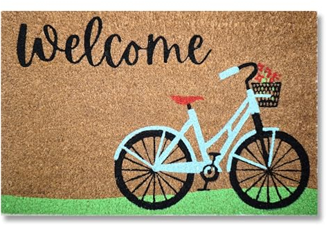 koko doormats Felpudo Entrada Casa Original de Coco Natural “Welcome” | Alfombra de Entrada Antideslizante para Exterior e Interior | 60x40 cm | Diseño Bicicleta | Base PVC Segura
