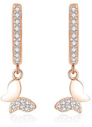 Bewenda Damen Creolen Ohrringe Hängend, 925 Sterling Silber Creolen Ohrhänger mit Zirkonia, Hypoallergen Schmetterling Anhänger Kreolen Ohrringe, Rosegold Hängeohrringe für Frauen Mädchen Mutter