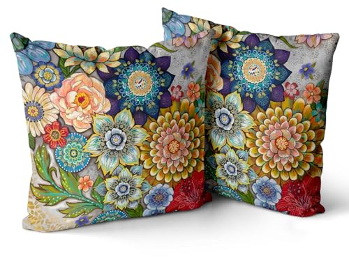 Snylcce 2er Set Frühlings Boho Kissenbezüge Dekokissen 40 x 40 Samt Soft Kissenbezug Böhmischer Retro Ethno Dekorative Kissenhülle Zierkissenbezüge für Sofa Schlafzimmer Wohnzimmer Zuhause Blüte 1