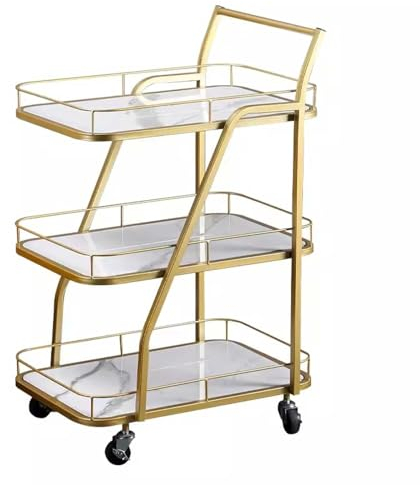 Küchenwagen, Barwagen, 3 Etagen, Ablagetablett mit Griff, rollender Getränkewagen, mobiler Bar-Servierwagen, Rollwagen aus weißem Marmorholz und goldenem Rahmen, Heimküchenregal