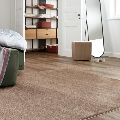 Schöner Wohnen Kollektion Hochwertiger Teppich Wohnzimmer, Schlafzimmer - Kurzflorteppich weich - Flachgewebe Moderne Muster - Schimmerndes Design - Teppich Beige 67 x 130 cm
