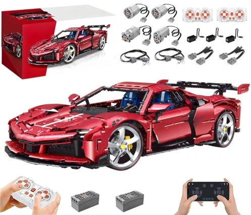 Technik Auto für Ferrari SF90, Mit 7Motoren Set, 1:8 Groß Auto Modellbausatz, 3639 Teile MOC Klemmbausteine Rennauto Set, Automodell Sammlerstück Geschenk für Autofans