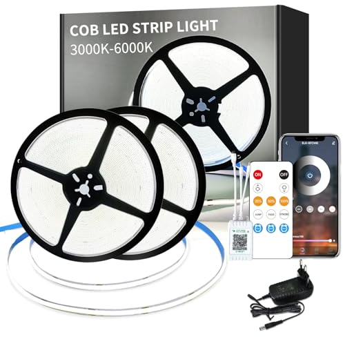 Yeewhale Striscia LED COB da 30 m, dimmerabile, 24 V, set di strisce LED COB flessibili, 6000 K, colore bianco, per decorazione domestica, feste, fai da te, controllo app con telecomando