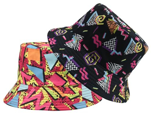 GWAWG 2 Stück Retro 80er Jahre Fischerhut für Herren und Damen, lustiger Disco-Hut, Druck, Fischerhut, Sommer, Fischerhut für Reisen, Strand, Wandern, mehrfarbig, mehrfarbig, Einheitsgröße