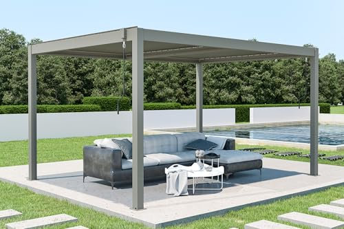 Cazeboo Pergola bioclimatique autoportante 4x3m Santa, Pergola Aluminium Taupe, Lames orientables Acier, L.395xP.305xH.220 cm
