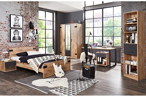 Liverpool Jugendzimmer Set, 6-teilig, 140er Bett, Plankeneiche/Graphit