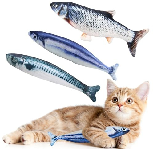 Lot de 3 jouets interactifs en forme de poisson à herbe à chat en peluche pour chats d'intérieur – Coussin de nettoyage résistant aux morsures pour chaton