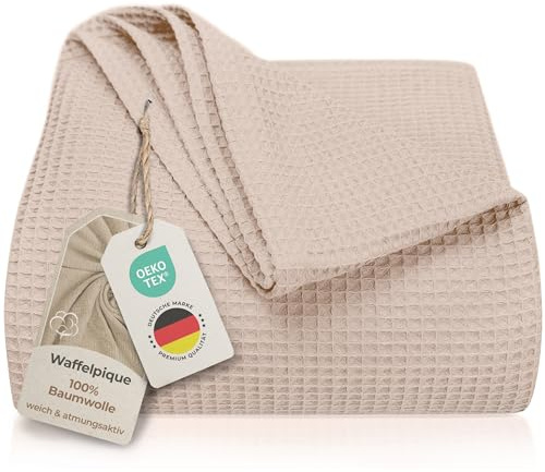 LAYNENBURG Premium Tagesdecke 180 x 220 cm - Waffelpique 100% Baumwolle - leichte Wohndecke Waffeloptik - Baumwolldecke als Bett-Überwurf, Sofa-Überwurf, Couch-Überwurf - Sofa-Decke (beige)