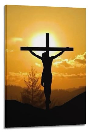 QXYUIN Jesus Silhouette on Cross at Sunset Art Painting Poster Wall Art Canvas Aesthetic Decorative Painting for Room 12x18inch(30x45cm) Frame-style