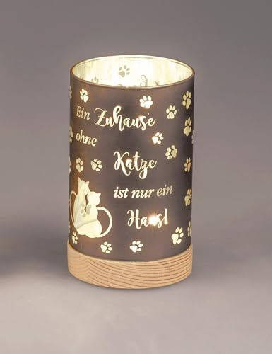 Dekoration 1 Stück Deko-Licht 15cm mit Spruch und Timer-hellbrauner Holzsockel- EIN zu Hause ohne Katze ist nur EIN Haus