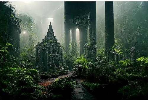 Fantasy Ancient Temple Aquarium Background Jungle Stone Columns Mysterious Foggy Rainforest Green Plants Fish Tank Background Magical Misty Rock Ruins Reptile Tank Enclosure Backgrounds 48x18in