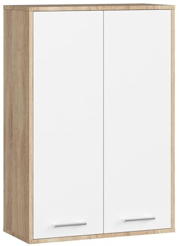 AKORD Badezimmer-Hängeschrank FIN 64 cm 2 Türen B64xH94xT30 cm - mit Ablagen - Badschrank, Wandmontiert Gewicht 8,10kg Eiche Sonoma & Weiß