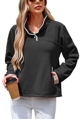 iChunhua 1/4 Button Funnel Neck Fleece Sweatshirts for Women Uk Lightweight Colour Block Stand Collar Long Sleeve Fleece Tops with Pockets