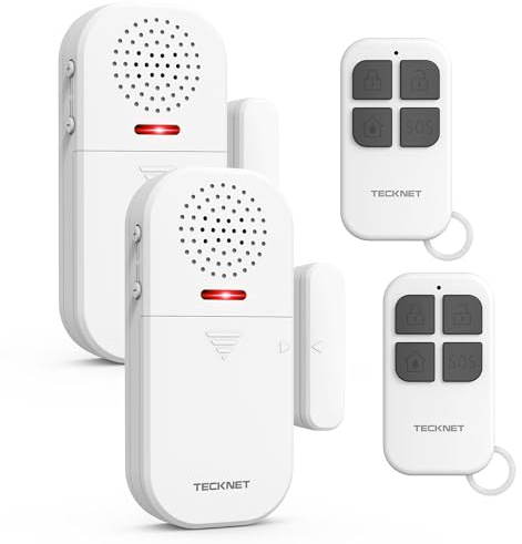 TECKNET Allarme Casa Senza Fili, Antifurto Casa con Telecomando, Allarme Porta Ingresso 4 Modalità 5 Livelli Volume Regolabili, 2-in-1 Allarme e Campanello per Residenza, Negozio, Hotel (2PCS)
