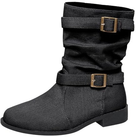 Generisch Botines Zapatos Mujer,Botas Anchas de Pantorrilla para Mujer con Tacón,Primavera Invierno Color Sólido Tacón Bloque Talla Grande Hebilla Punta Redonda Tacón Bajo, Negro , 40 EU