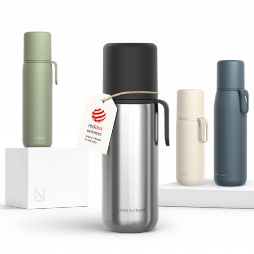 LARS NYSØM Botella Térmica de Acero Inoxidable - Isotérmica de Doble Pared con Taza y Correa, Metálica Hermética para Viaje, Oficina y Exterior (Stainless Steel, 500ml)