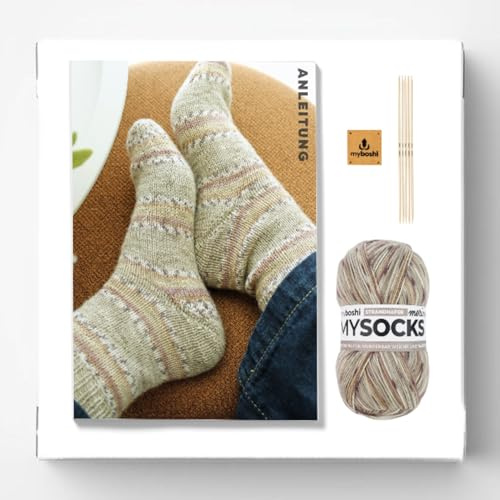 myboshi Strickset Socken Spokane für Anfänger, inkl. mysocks, 4-fädige Sockenwolle, Nadelspiel, Anleitung, Label, 75% Schurwolle, 25% Polyamid Beige (Strandhafer) mit Nadelspiel