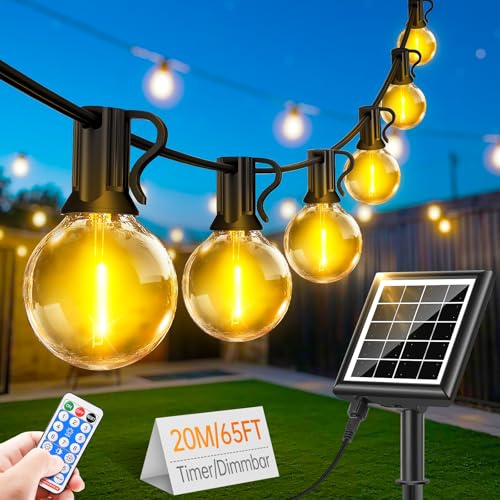 Solar Lichterkette Außen Wasserfest 20M - LED Dimmbar mit Fernbedienung | LED Solarlichterkette Außen 26+2 G40 Wasserdicht 8 Lichtmodi für Outdoor Garten Balkon Party Terrasse Camping