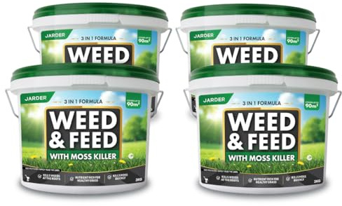 Jarder Weed and Feed Lawn Treatment 12kg - 4 x 3kg - Kills Weeds and Moss in Lawns - Boosts Grass Growth and Colour - Nutrient Rich Lawn Feed Granules - Covers 360m2