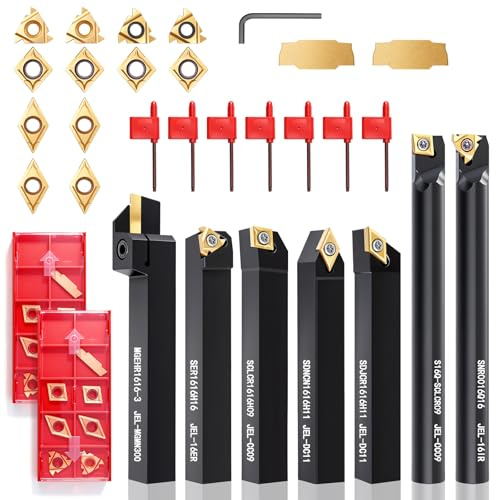 Donken Lathe Turning Tool Set, 5/8 16mm Shank 7PCS | Metal Indexable Lathe Tools for Grooving, Threading, and Semi-Finishing | Includes 14pcs Carbide Inserts