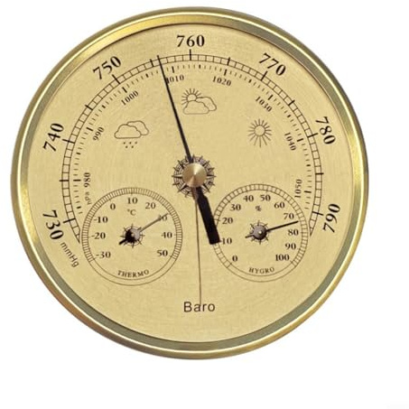 Glomc Horloge de jardin, station météo 3 en 1 avec thermomètre, hygromètre, baromètre, cadre en métal de 130 mm, appareil mécanique pour la maison, le jardin, l'extérieur (doré)