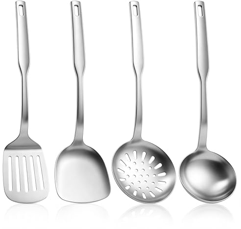 Homikit Pfannenwender, 4 Stück Edelstahl Küchenhelfer Kochutensilien Set | Hitzebeständig Metall Kochutensilien Kochbesteck Set, Für Braten Mischen Servieren Abtropfen, Robust, Spülmaschinenfest